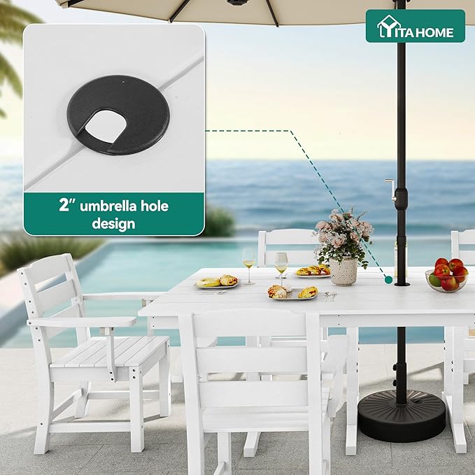 YITAHOME HDPE Patio Dining Table for 6, 71" Outdoor Dining Table w/Max Bearing 165 LBS, All Weather Rectangular Patio Table w/1.57" Umbrella Hole for Backyard Garden Lawn, White