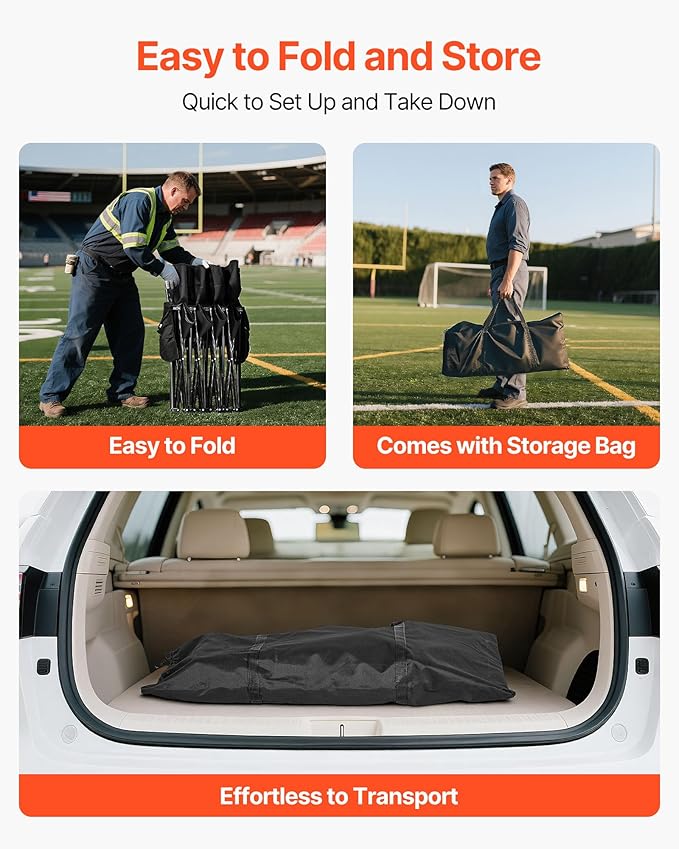 VEVOR Portable Folding Bench, 4 Seat Foldable Soccer Bench with Side Pockets and Carrying Bag, Lightweight Sideline Seating with Back Rest for Football, Baseball, Camping, Outdoor Events, Black