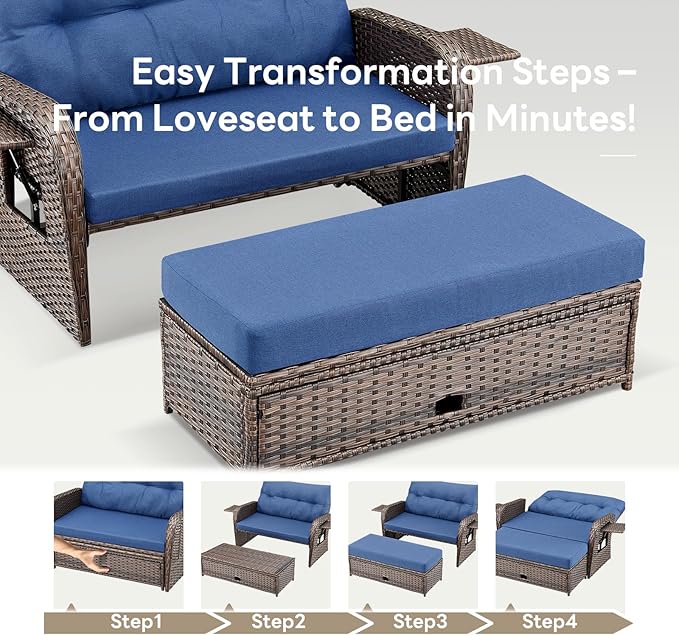 Belord Patio Furniture Set - 6-Piece Wicker Loveseat Outdoor Daybed Furniture Set with Recliner Lounge Chairs Set of 2 and Side Table, All-Weather Outdoor Patio Conversation Set for Deck Pool Backyard