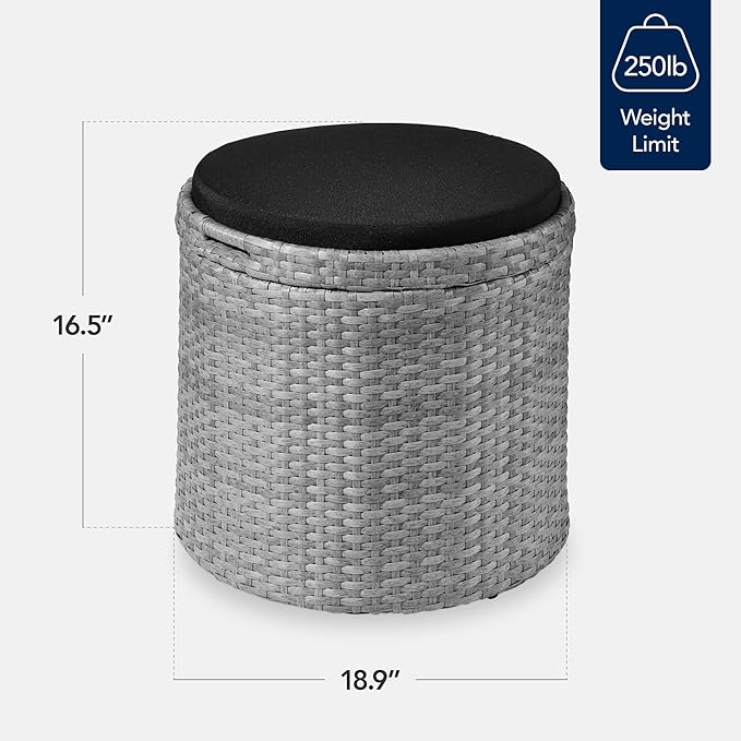 Best Choice Products Round Wicker Ottoman, Multipurpose Outdoor Furniture for Patio, Backyard, Additional Seating, Footrest, Side Table w/Storage, Removable Cushions – Gray/Black