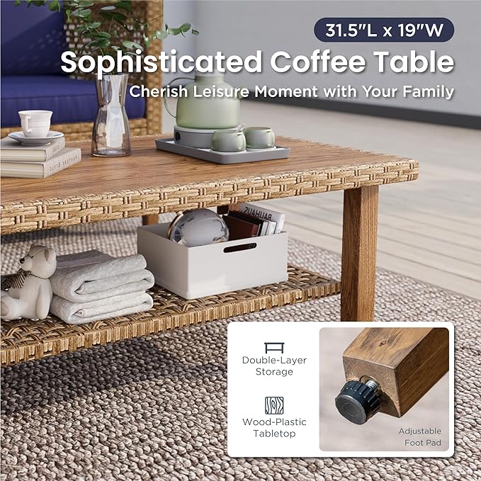 PHI VILLA Wicker Patio Furniture Set, Outdoor Sectional Couch with Cushions and Acacia Wood Coffee Table, U-Shaped Patio Conversation Set for Deck or Porch, 6 Seats, Navy Blue