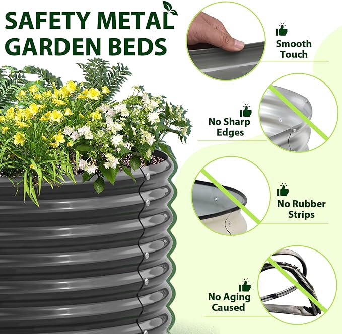 A ANLEOLIFE 8-Set 8X4X2 ft Galvanized Raised Garden Bed Kit, Oval Metal Deep Root Planters for Outdoor Plants, Quartz Grey