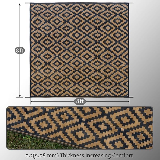 SAND MINE Reversible Mats, Plastic Straw Rug, Modern Area Rug, Large Floor Mat and Rug for Outdoors, RV, Patio, Backyard, Deck, Picnic, Beach, Trailer, Camping, Black & Brown, 8' x 8'