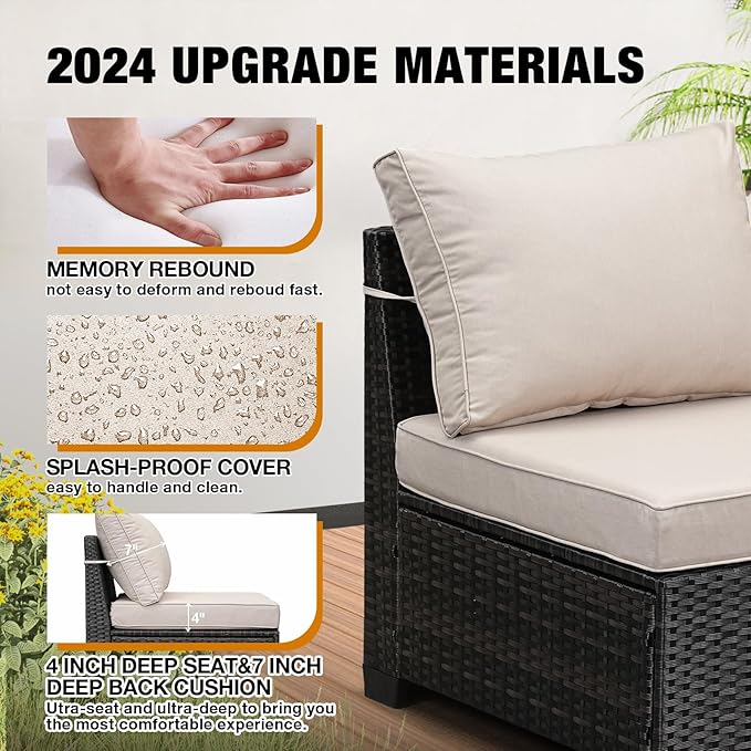 8 Pieces Patio Furniture Set All-Weather Outdoor Wicker Sectional Conversation Sofa Rattan Patio Seating Sofa with Cushion and Glass Table for Porch Poolside,Beige