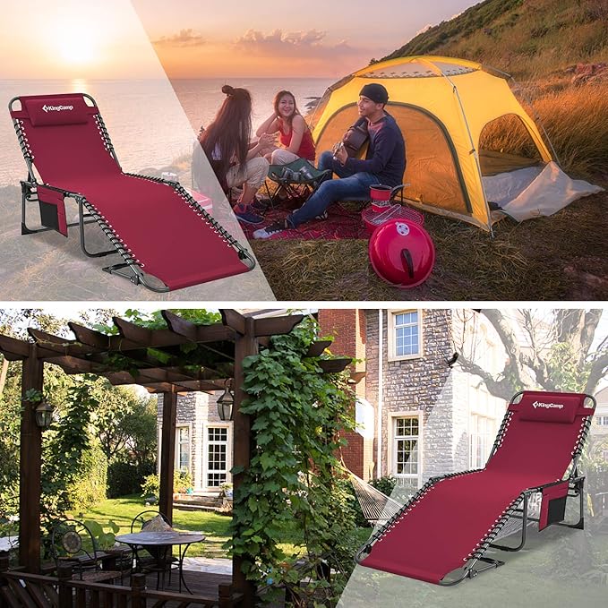 KingCamp Portable Folding Camping Cot Adjustable 4-Position Patio Reclining Lounger Chair with Pillow Pocket for Garden Yard Lawn Sunbathing Supports 265lbs