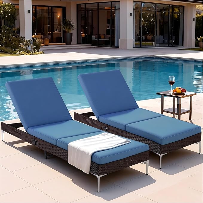 HOMREST Outdoor Lounge Chairs Set of 6, Patio Wicker Chaise Lounge with Removable Cushion, Rattan Pool Sunbathing Recliners with Adjustable Backrest (Navy Blue)