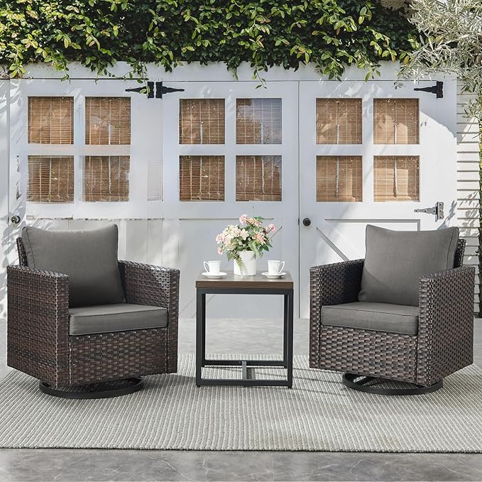 Belord Outdoor Bistro Set 3 Piece Wicker Swivel Rocker Patio Chairs, Oversize Outdoor Rattan Seating Set, Patio Swivel Glider Chairs Wicker Furniture with Metal Side Table for Porch Backyard, Brown