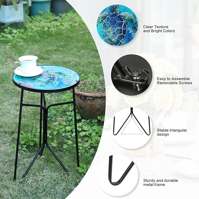 VCUTEKA Patio Side Table Outdoor Accent Table Bistro Coffee Table Plant End Table Small Porch Table Indoor Round Glass Balcony Plant Table Stands Sea Turtle 12''