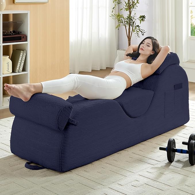 ijuicy 25" Wide Corduroy Yoga Chair, Yoga Lounge Chair for Adults, Chaise Lounge Chair Indoor/Yoga Lounger with Headrest, Waist Cushion, Movable Footrest, Side Pockets, High Density Sponge-Blue