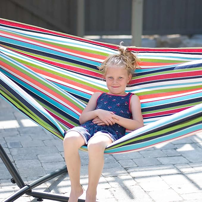 Vivere Double Sunbrella Hammock with Space-Saving Steel Stand, Heavy-Duty Portable Outdoor Hammock Set for Backyard, Patio, or Travel, Confetti