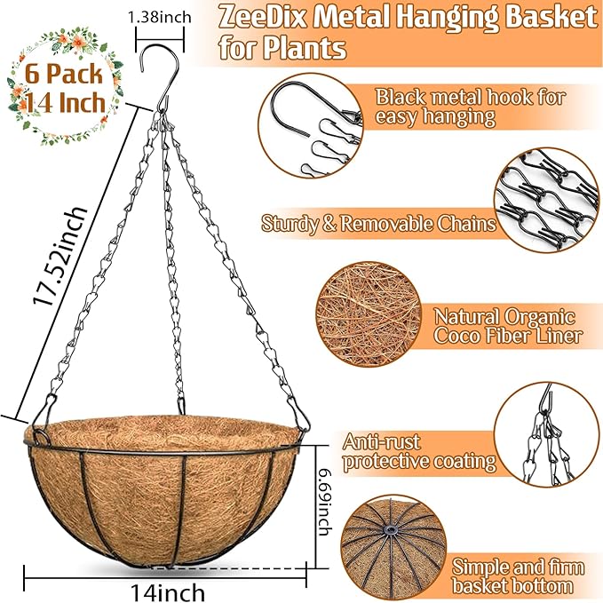 ZeeDix 6 Pack 14 Inch Metal Round Hanging Planter Basket with Coconut Liners Replacement, Hanging planters Baskets with Natural Coco Liner for Outdoor Indoor Planters Flowers Vegetables
