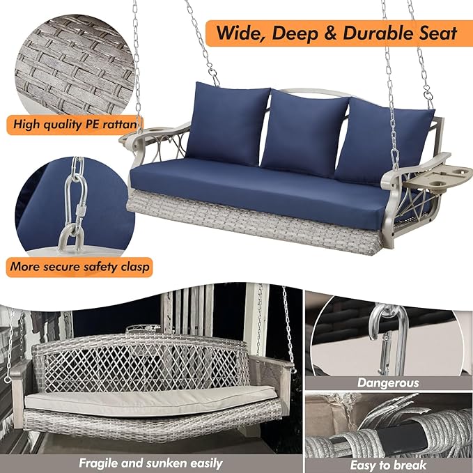 Heavy Duty 900 LBS Porch Swing Chair 3-Person Outdoor Rattan Patio Swing Lounge w/Cup-Holder & Steel Chains Wicker Hanging Bench Porch Swing Cushions for Deck & Backyard & Garden
