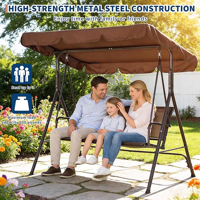 Porch Swing with Adjustable Canopy for Adults 3-Seat Outdoor Waterproof Textilene & Steel Frame Patio Swing Bench for Backyard Lawn Garden Brown