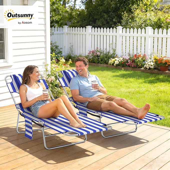 Outsunny Chaise Lounge Chair Outdoor Set of 2 with Face Arm Hole, 5-Position Reclining Face Down Tanning Chair with Carry Strap, Side Pocket, Portable Folding Bed Cot for Patio Beach Pool, Blue Stripe
