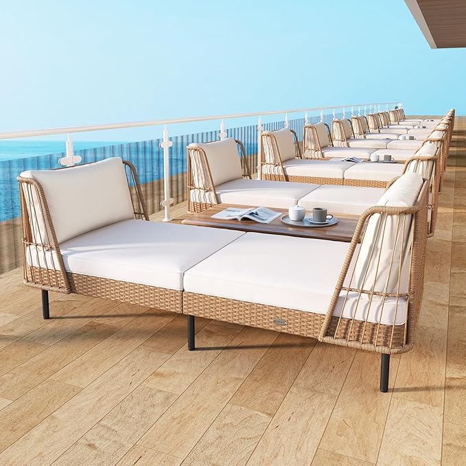 Tangkula Patio Rattan Daybed Set of 2, Boho Outdoor Wicker Lounge Sofa with Seat & Back Cushions, 2-Seat Bench Sun Lounger Chair with Robust Metal Legs for Deck, Backyard, Porch, Poolside (Off White)