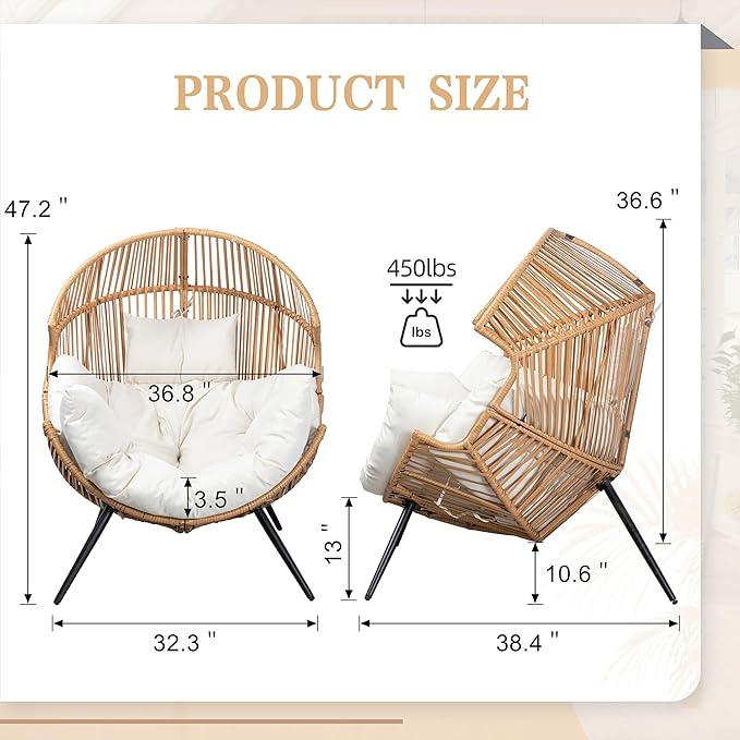 Vongrasig Outdoor Wicker Egg Chair PE Rattan Chair with Cushion, Oversized Patio Lounge Chair for Outdoor, Indoor, Balcony, Backyard, Garden, Beige