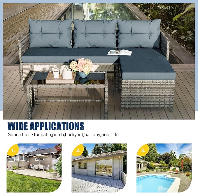 Vongrasig 3 Pieces Patio Furniture Sets, All-Weather Wicker Outdoor Sofa Couch Sectional Set, Small Conversation Set for Patio, Garden w/Cushion, Glass Table, (Blue)