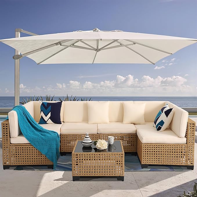 KIGOTY Patio Furniture Set,7 Pieces Modular Outdoor Sectional Sofa, PE Rattan Patio Conversation Set, All Weather Wicker Patio Furniture with Cushions and Coffee Table（Yellow/White）