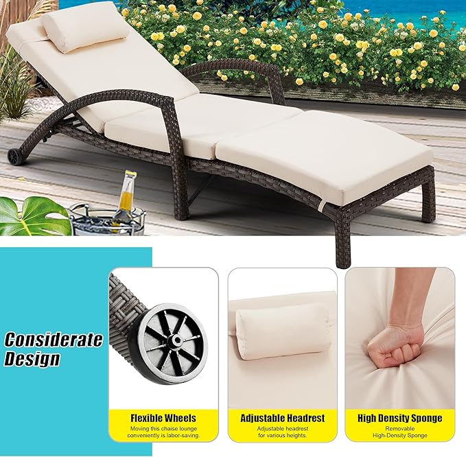 HOMREST Chaise Lounge Chairs Set of 2 for Outside, Adjustable 5 Position Outdoor PE Rattan Wicker Patio Pool Lounge Chair with Arm, Cushion, Pillow and Wheels for Poolside Backyard Deck Porch,Khaki