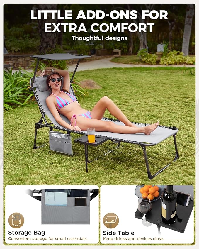 KingCamp Oversized Tanning Chair, Extra-Wide Padded Folding Chase Lounge Chairs Adjustable 5-Position 400lbs Heavy Duty Lounger with Double-Layer Oxford Canopy Shade for Outdoor Beach Patio Sun Pool