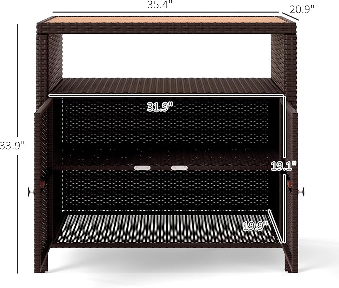 Outsunny Wicker Outdoor Storage Cabinet, Rattan Outdoor Bar Table with Acacia Wood Countertop, 2 Doors and Shelf, Buffet Cabinet Sideboard for Poolside, Garden, Patio, Backyard, Brown