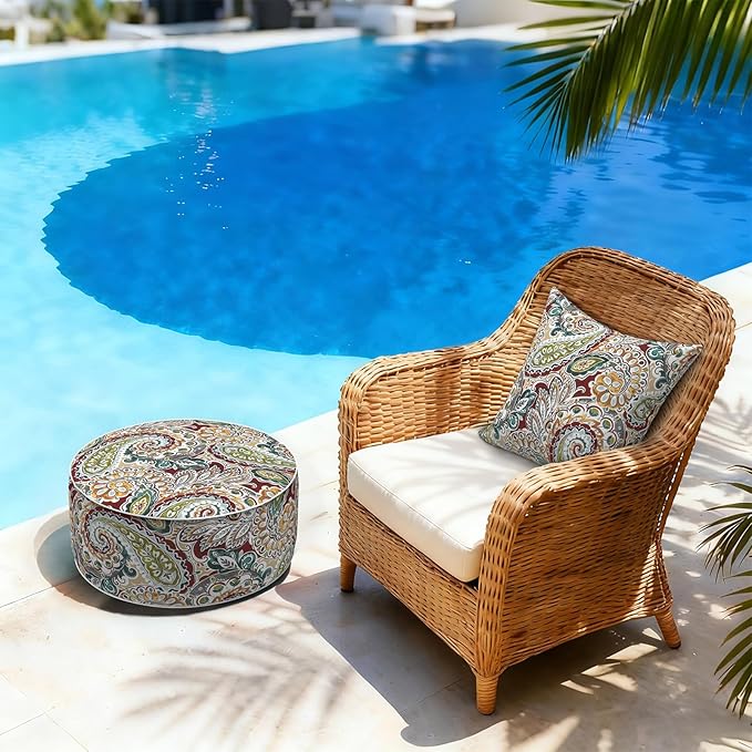 LVTXIII Inflatable Stool Ottoman Footrest with Handle, Decorative Fade-Resistant Foot Stool, Indoor or Outdoor Pouf for Home Garden and Camping Use, D21 x W 21 x H9, Paisley Chilli