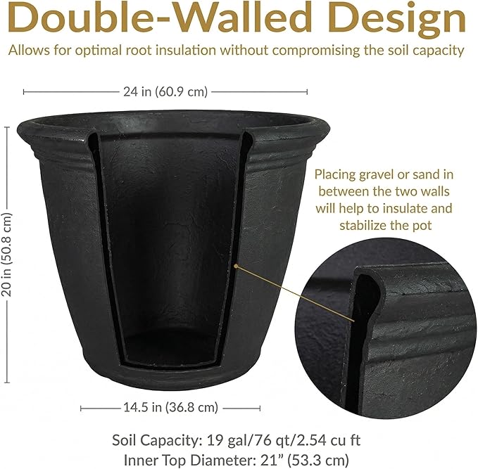Sunnydaze 24-Inch Anjelica Large Plastic Pot for Plants - Outdoor Double-Walled Large Plastic Planter with Drillable Drainage Holes - Matte Black - 4pk