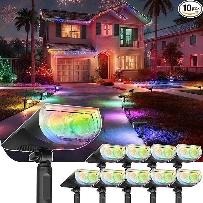 Linkind Solar Lights Outdoor StarRayS, Color Changing Solar Spot Lights, IP67 Waterproof St Patricks Day Lights for Landscape Garden Pathway Walkway (Multicolor, 10 Pack)