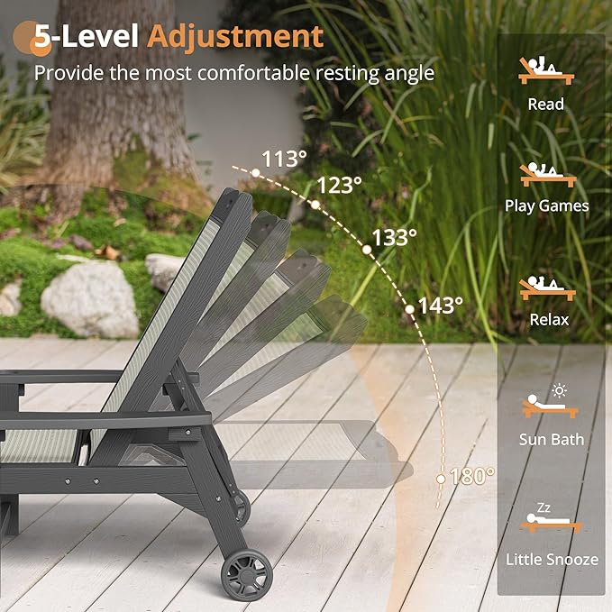 LUE BONA Chaise Lounge Chair Outdoor, HDPS and HDPE Wicker Material, Patio Lounge Chair with Adjustable Backrest, Resin Pool Lounge Chairs with Wheels for Backyard, Poolside and Deck, Gray