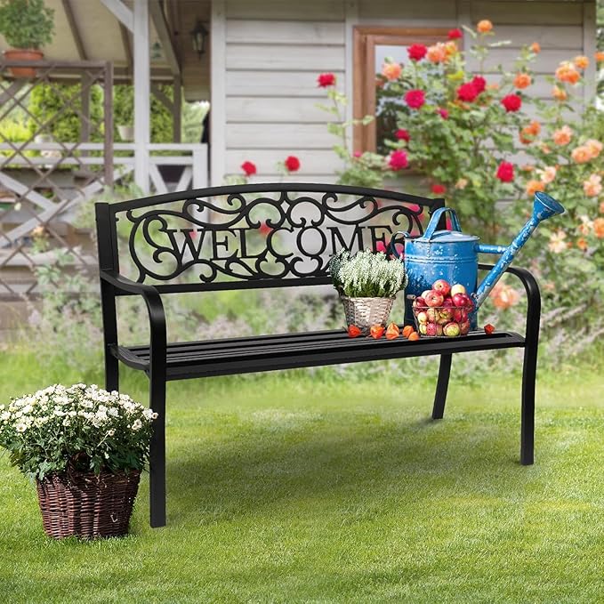 VINGLI Outdoor Bench with PVC Welcome Back Pattern, Rust-Resistant Metal Black Garden Bench, Porch Steel Bench for Patio, Porch, Park, Lawn Decor