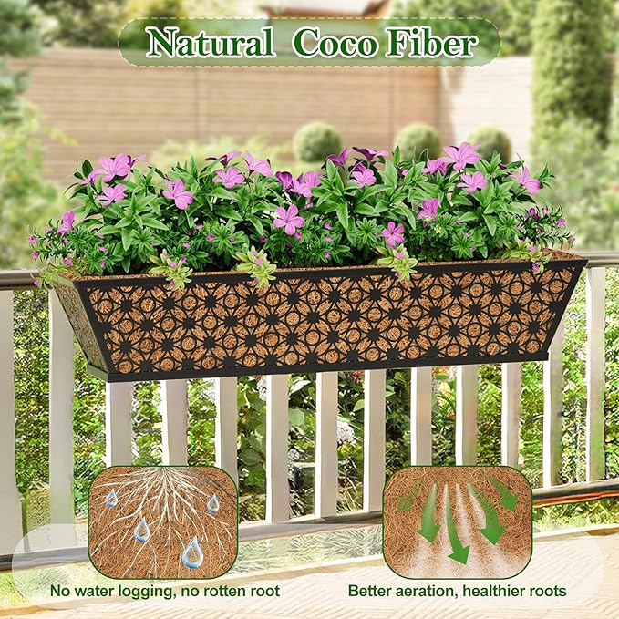 SPECILITE 24" Window Boxes Planters, Heavy Duty Metal Railing Planter Boxes, Adjustable Balcony Planters for Railing Hanging, with Coco Liner & Tool Set for Deck, Porch, and Patio Gardening (6 Pack)