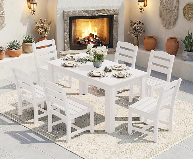 SERWALL Outdoor Dining Sets for 10, HDPE Dining Sets for 10 Person with 2 Tables and 8 Armless Chairs and 2 Armchairs, Patio Dining Sets for Garden, Backyard, Poolside, White