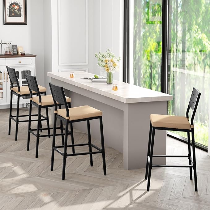 Crestlive Products Outdoor Bar Stools Set of 4, Patio Counter Height Barstools with Cushions, Tall Chairs with Back and Footrest for Deck, Lawn, Garden, Backyard, Poolside, Or Indoor Use (Beige)