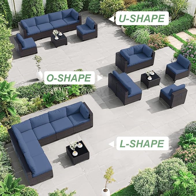 ALAULM Patio Furniture Set with Coffee Table, 7 Pieces Outdoor Sectional with Wide Seat and Thick Cushion, All Weather Wicker Rattan Conversation Set for Backyard, Garden, Deck, NavyBlue