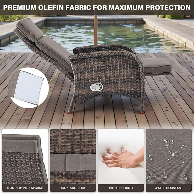 Belord Versatile Outdoor Recliner Chair Set of 3 - Reclining Patio Chair with Adjustable Backrest and Footrest, All-Weather Wicker Chaise Lounge Chair Outdoor with Side Table for Pool Deck