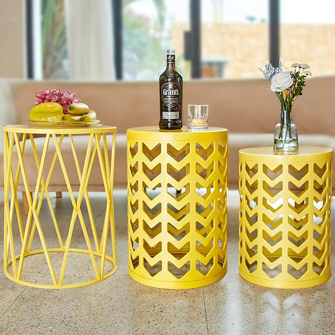 Nesting Side Table Set of 3 Decorative Round Garden Stools for Indoor Outdoor Heavy Duty Metal Frame Side Table Nightstands Modern End Table Plant Stand, Yellow