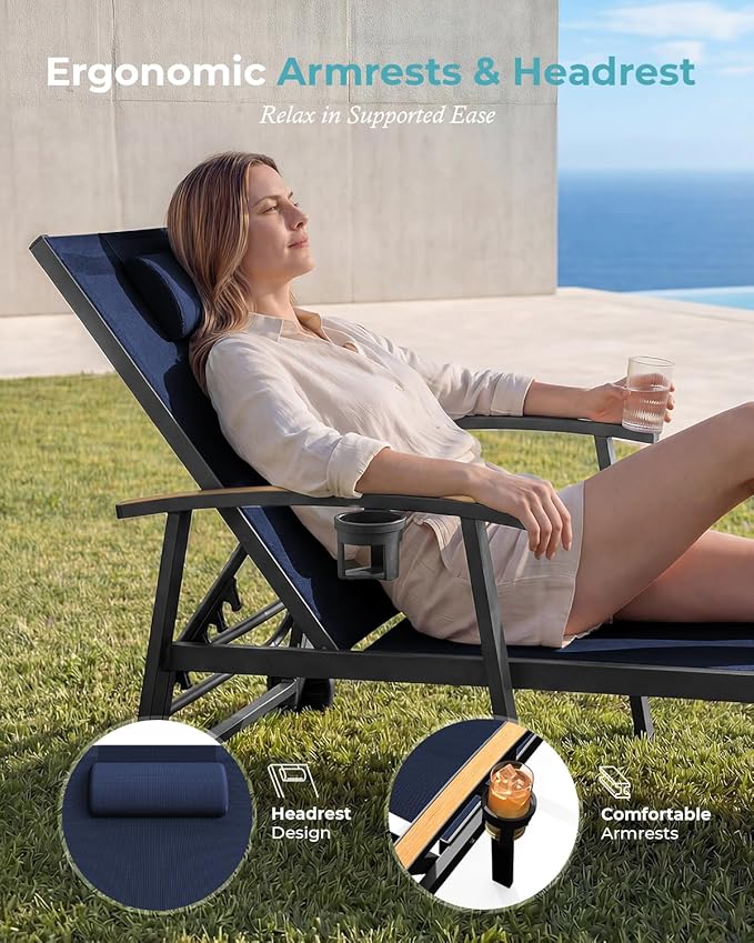 Ciokea Outdoor Lounge Chair with Pillow Set of 2, 5-Position Aluminum Chaise Lounge with Wheels & Armrests, 400 lbs Heavy Duty Patio Pool Chair for Backyard, Deck, Beach & Poolside, Navy Blue