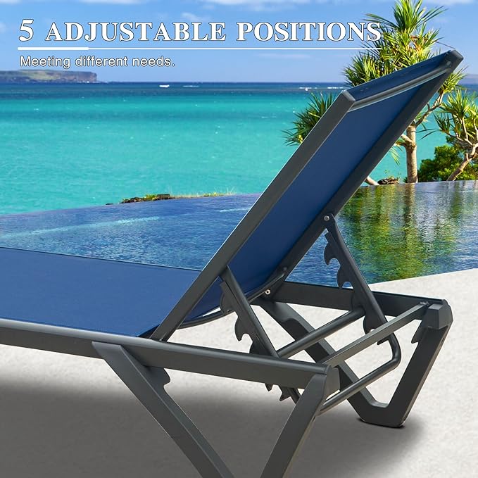 Domi Pool Lounge Chairs Set of 2 with Side Table, Aluminum Adjustable Outdoor Chaise Lounge with Wheels, All Weather Poolside Chairs for Deck Lawn Patio Backyard, Textilene- Navy Blue