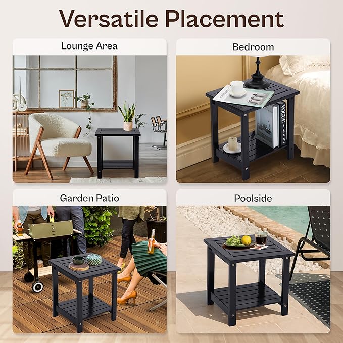 2-Tier Adirondack Side Table – Weather Resistant Wooden End Table, Rectangular Rustic Outdoor & Indoor Small Table for Patio, Garden, Lawn, Porch or Living Room (Black)