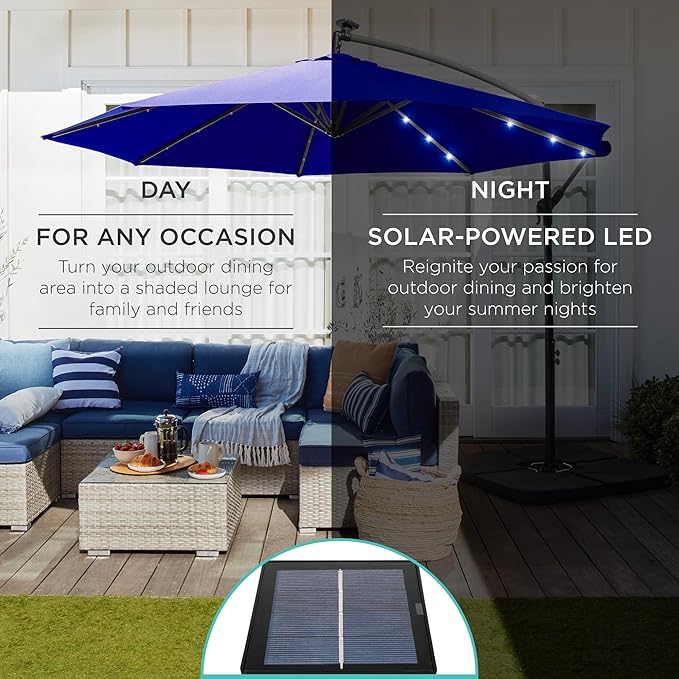 Best Choice Products 10ft Solar LED Offset Cantilever Hanging Market Patio Umbrella, 8 Sturdy Ribs, Easy Adjustment - Resort Blue