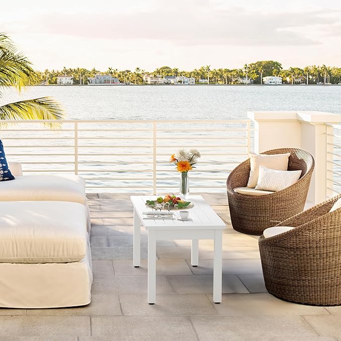 LUE BONA Outdoor Coffee Table Rectangle, 42.5" HDPS Patio Coffee Tables for Outside, All Weather Patio Coffee Table with Slatted Tabletop for Deck, Garden, Balcony, Indoor or Outdoor Use, White