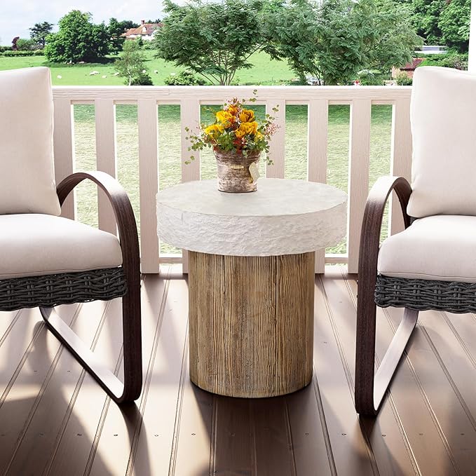 COSIEST Outdoor Medium Side Table, Patio Coffee Table, 19.7 inches Round MgO End Patio Stool with Faux Wooden Pedestal Base, Garden, Backyard, Antique Beige