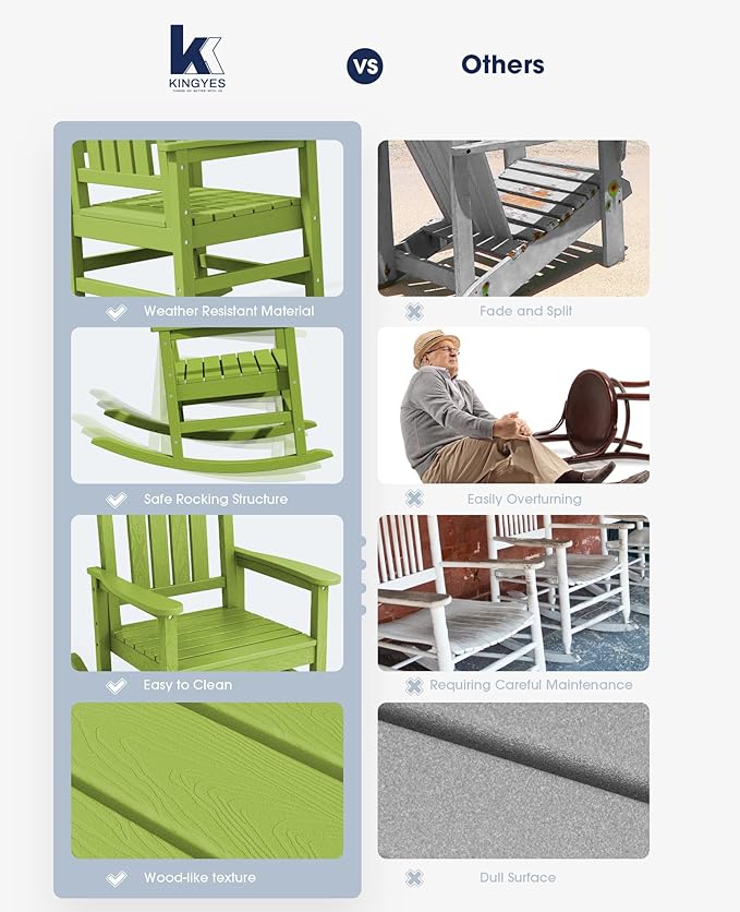 KINGYES Outdoor Rocking Chair Set of 2, High Density Polyethylene Patio Rocking Chairs with 330lbs Support for Adults, Pistachio Green