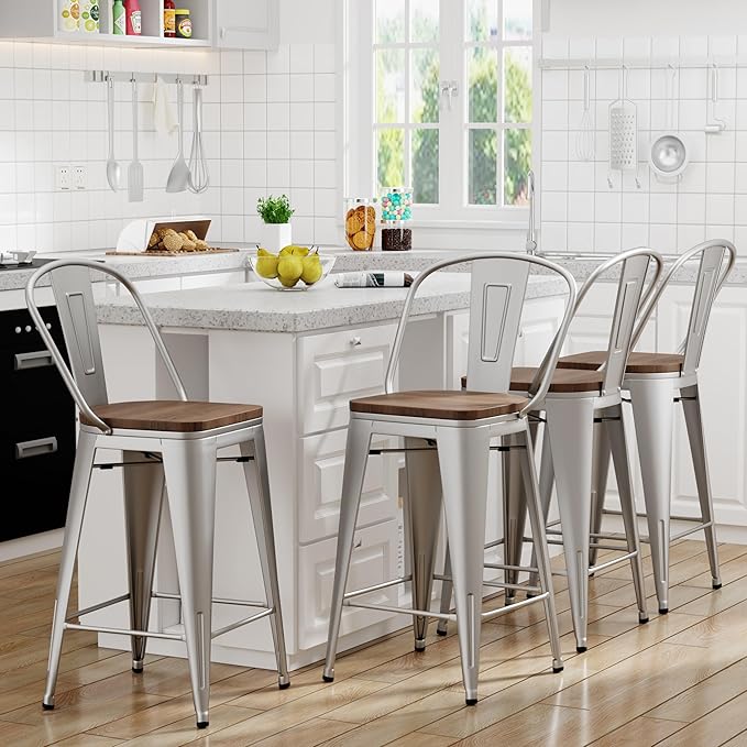 Yongqiang 24 inch Bar Stools Set of 4 Metal Kitchen Counter Height Bar Chairs Barstools with Large Wooden Seat, High Back Silver