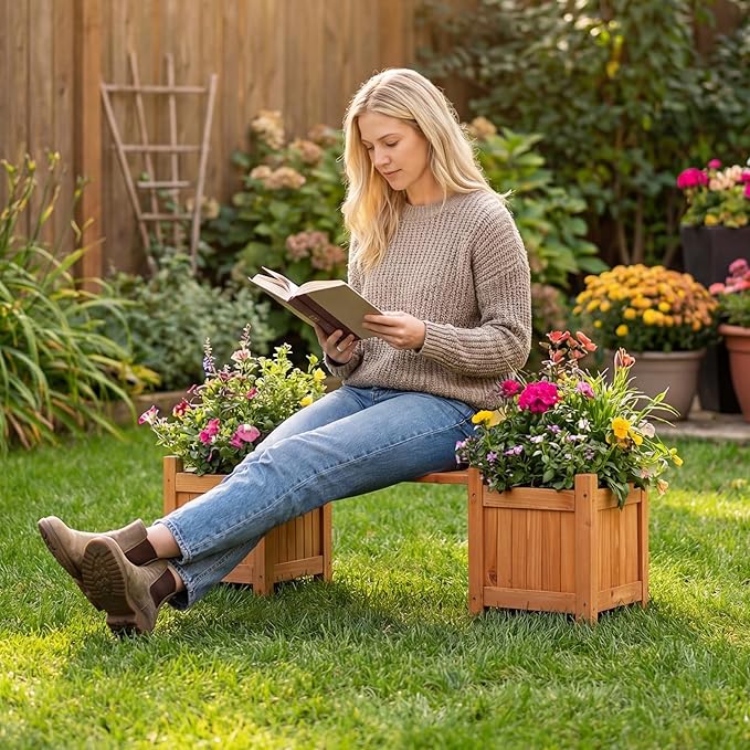 Giantex 2-in-1 Outdoor Bench with 2 Raised Garden Beds, Wood with Teak Oil Finish, Garden Bench Seat with Planter Boxes for Porch Balcony Lawn Yard, DIY Assembly, 42"x11"x11.5"