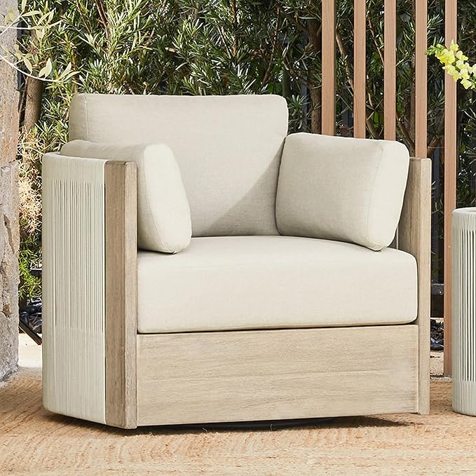 CHITA Boho Patio Rattan 360° Swivel Chair, Outdoor Wicker Furniture with 7.9″ Thickened Cushions and 2 Arm Pillows, Acacia Wood Frame, Fully Assembled(Cream)