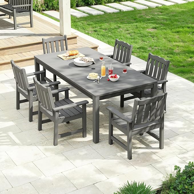 Stoog All-Weather Patio Dining Sets, 7 Pieces Patio Dining Table with Umbrella Hole, Waterproof Aluminum Frame Dining Table with 6 Outdoor Chairs Set, Low Maintenance, Grey