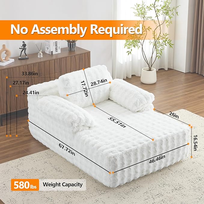 VINGLI 67.7" Oversized Chaise Lounge Chair Indoor Reading Chairs Comfy Bubble Fleece Upholstered Boneless Sofa Bed Sleeper Sofa Cloud Couches for Living Room, Bedroom, Play Room (White)