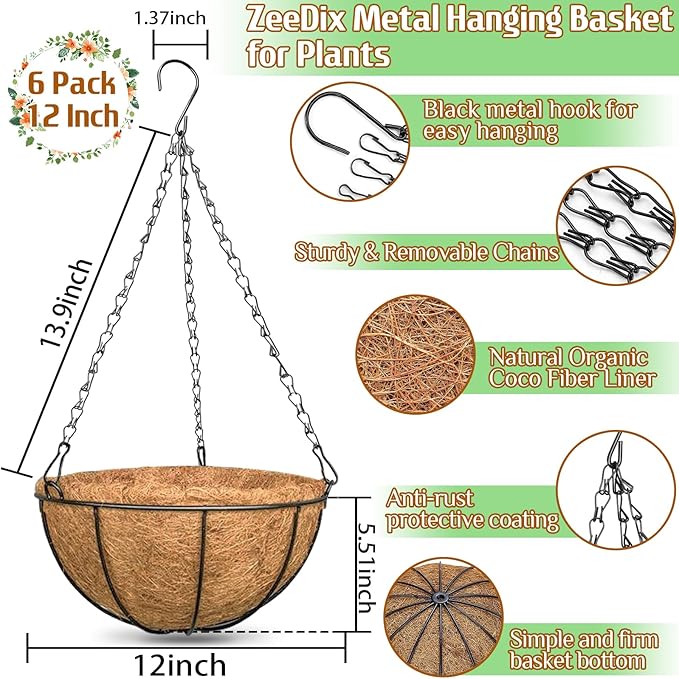 ZeeDix 6 Pack 12 Inch Metal Round Hanging Planter Basket with Coconut Liners Replacement, Hanging planters Baskets with Natural Coco Liner for Outdoor Indoor Planters Flowers Vegetables