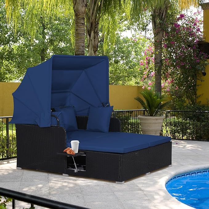 ORALNER Outdoor Daybed, 2-Person Wicker Patio Sofa with Retractable Canopy, Cushions & Pillows, 2 Side Trays, PE Rattan Sunbed Double Lounger for Deck Poolside Garden Balcony (Navy)